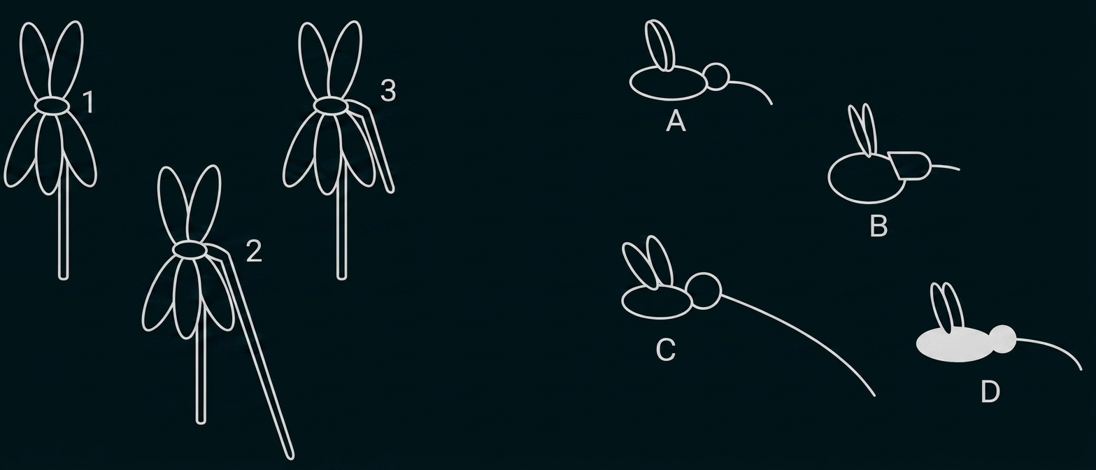 Schematische Zeichnung von mehreren Blumen- und Tierformen mit den Buchstaben A bis D.
